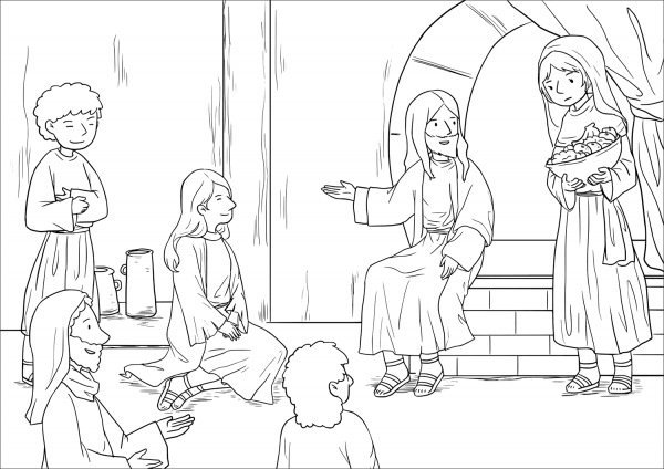 Jesus at the Home of Martha and Mary (Luke 10:38-42) coloring page image