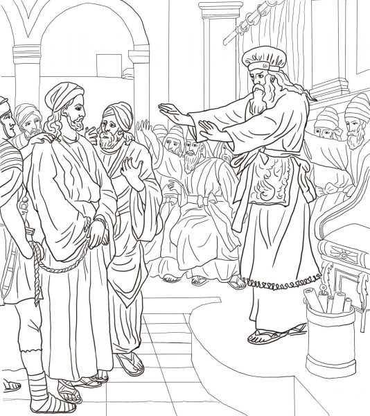 Jesus Before Caiaphas Trial coloring page image