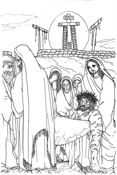 Jesus Body Being Carried by His Followers coloring page image
