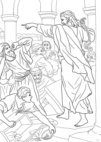 Jesus Chasing the Money Changers from the Temple coloring page image