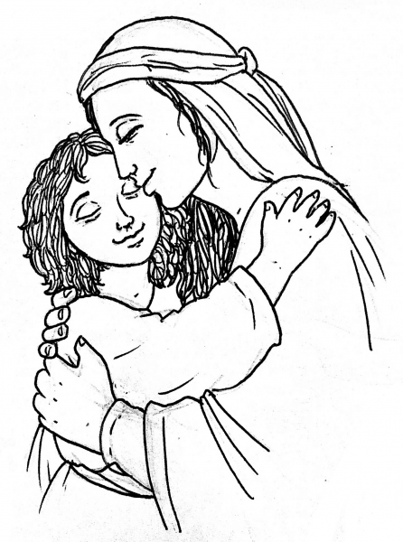 Jesus Christ Being Embraced by His Mother Mary coloring page image