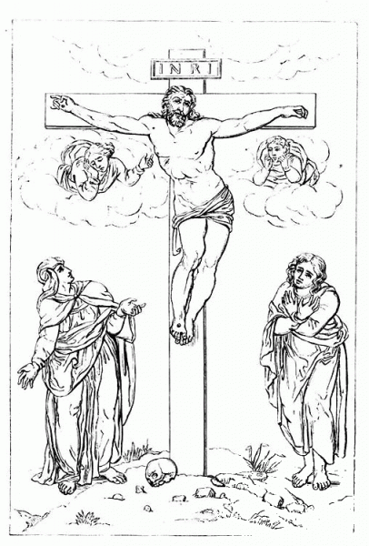 Jesus crucified on the cross with two angels coloring page image