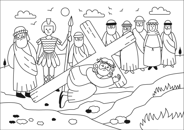 Jesus Falls with Cross coloring page image