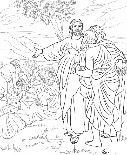 Jesus Feeds the Multitude with Fish and Bread coloring page image