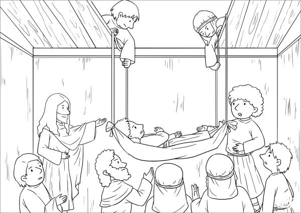 Jesus Forgives and Heals a Paralyzed Man (Mark 2:1-12) coloring page image