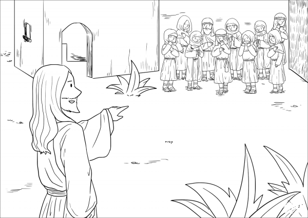 Jesus Heals Ten Men with Leprosy (Luke 17:11-19) coloring page image