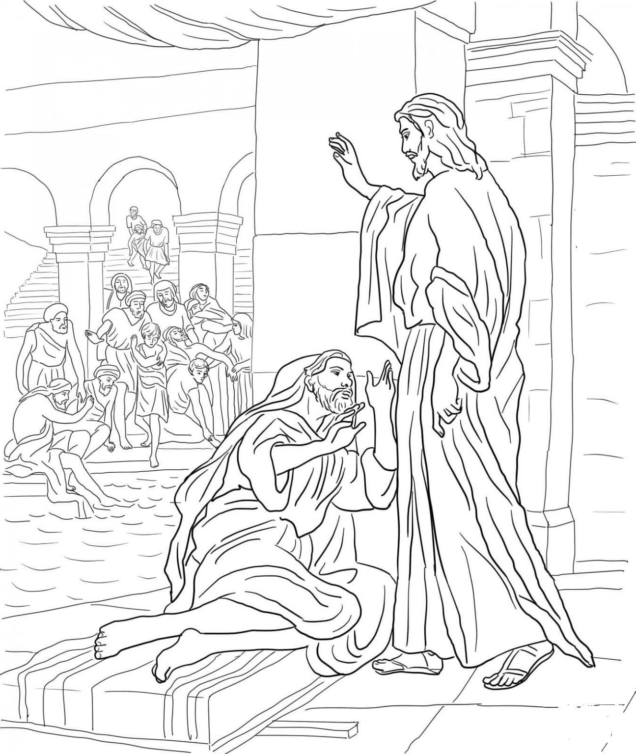 Jesus Heals the Man at the Pool of Bethesda coloring page - ColouringPages