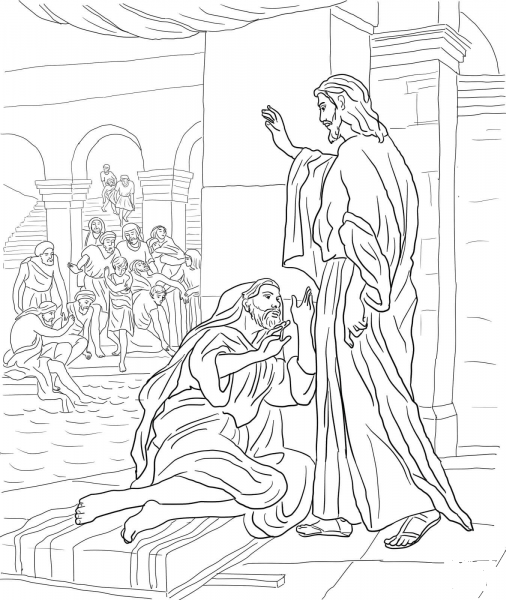 Jesus Heals the Man at the Pool of Bethesda coloring page image