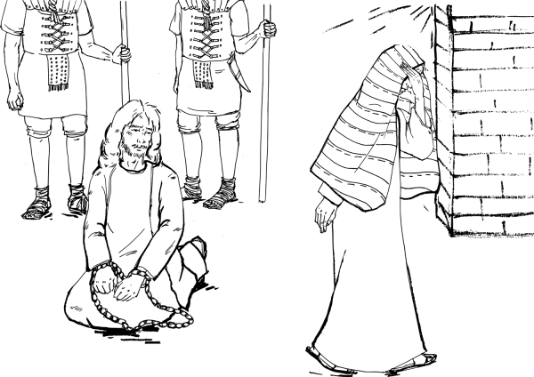 Jesus in Chains and Peter Passing By coloring page image