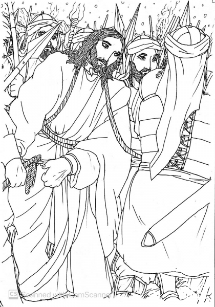 Jesus is Bound and Led Away by the Men of the High Priest coloring page image