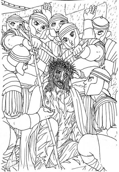 Jesus is Mocked by the Roman Soldiers coloring page image