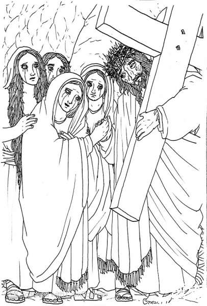 Jesus Sees His Mother and Some of His Followers on the Way to Golgotha coloring page image