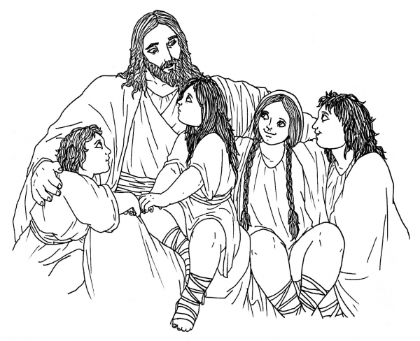 Jesus Spending Time with Children coloring page image