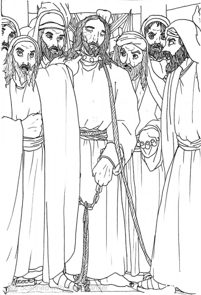 Jesus Stands Before the High Priest Caiaphas coloring page image