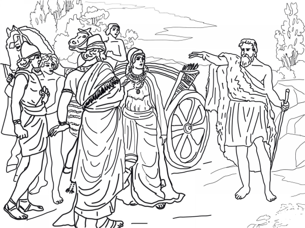 Jezebel and Ahab Meeting Elijah in Naboth’s Vineyard coloring page image