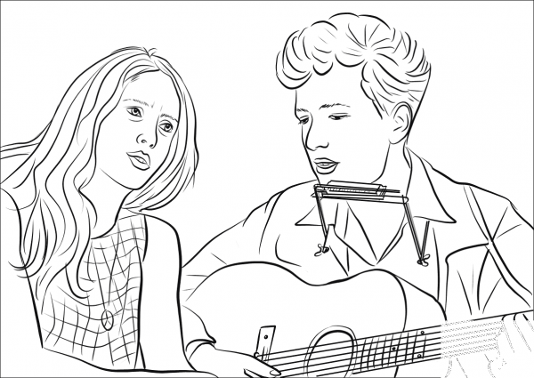 Joan Baez and Bob Dylan coloring page image