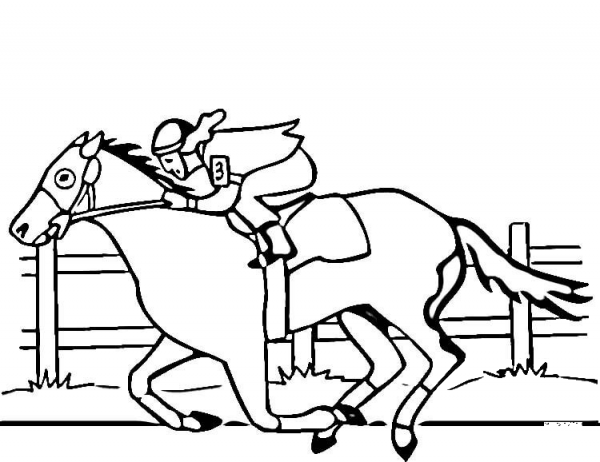 Jockey on horse coloring page image