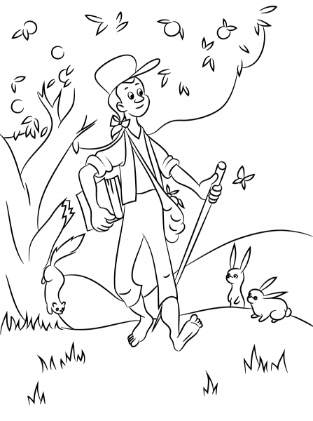 Johnny Appleseed with Animals coloring page image