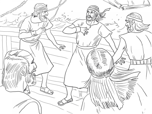 Jonah on Boat During the Storm coloring page image