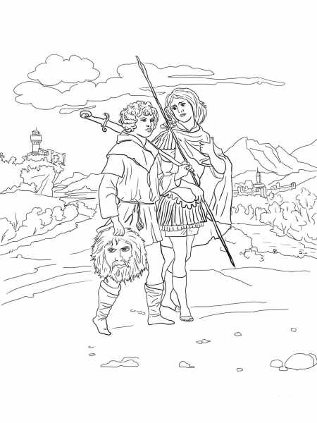 Jonathan and David with Head of Goliath coloring page image