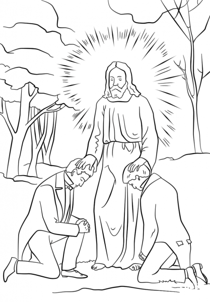 Joseph Smith and Oliver Cowdery Receiving Priesthood Authority from John the Baptist coloring page image