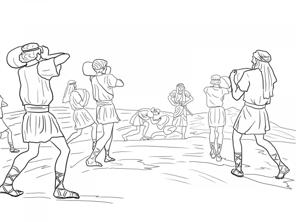 Joshua Soldiers Putting 12 Stones coloring page image