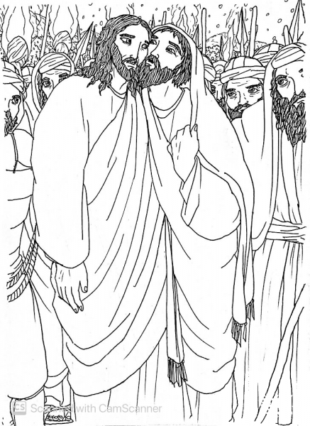 Judas Betrays Jesus to the Men with a Kiss of Greeting coloring page image