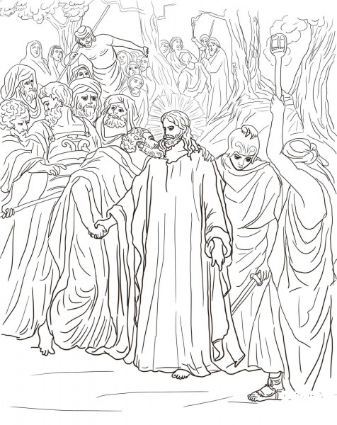 Judas Betrays Jesus with a Kiss coloring page image