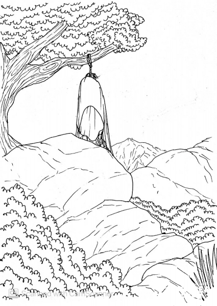 Judas Having Left the Jewish Leaders Goes Away and Hangs Himself from Regret coloring page image