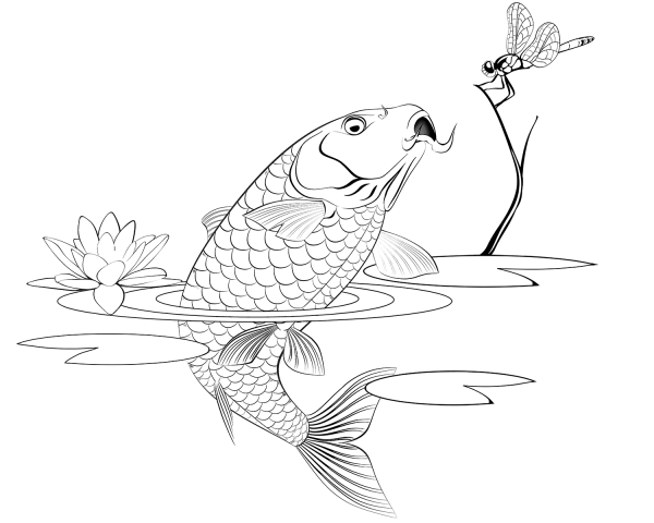 Jumping Carp Catching a Dragonfly coloring page image