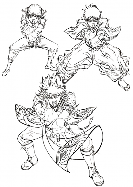 Kagura, Shimura shinpachi and Sakata Gintoki (Kintoki XD) from Manga Gin Tama coloring page image