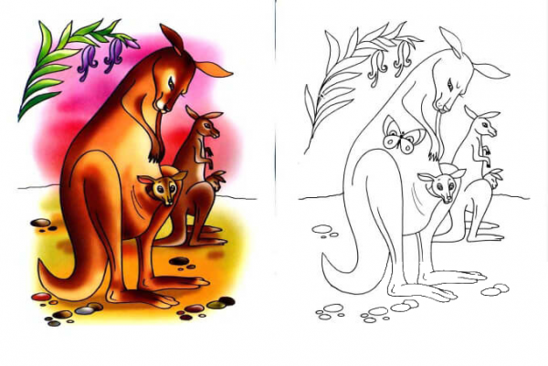 Kangaroo Mother and Kangaroo Baby coloring page image