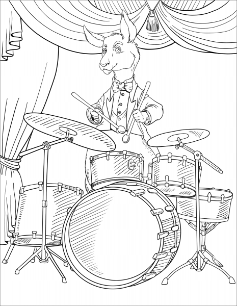 Kangaroo Playing Drums coloring page image