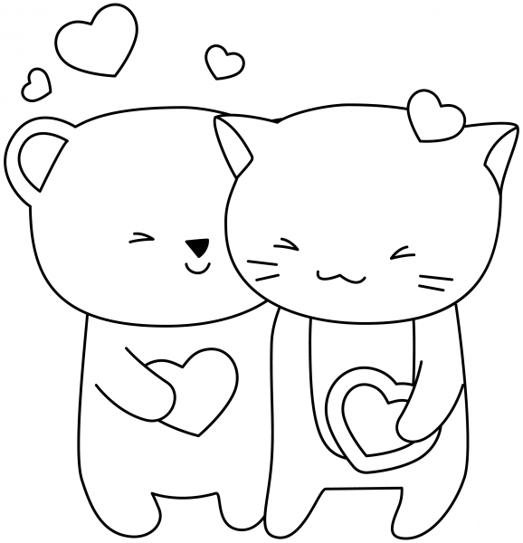 Kawaii Bear Cub and Kitty coloring page image