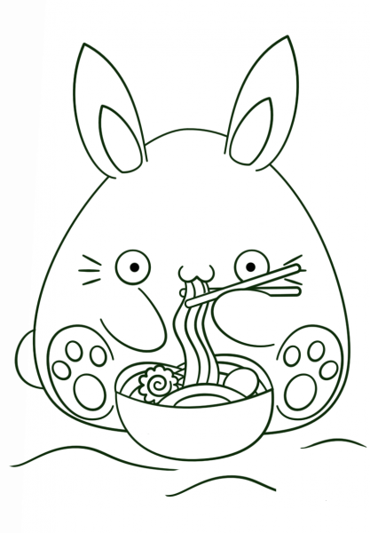 Kawaii Bunny Eats Noodle coloring page image