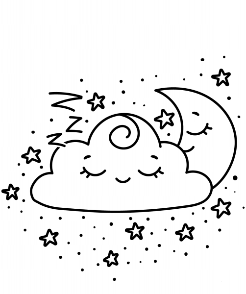 Kawaii Crescent and Cloud coloring page image