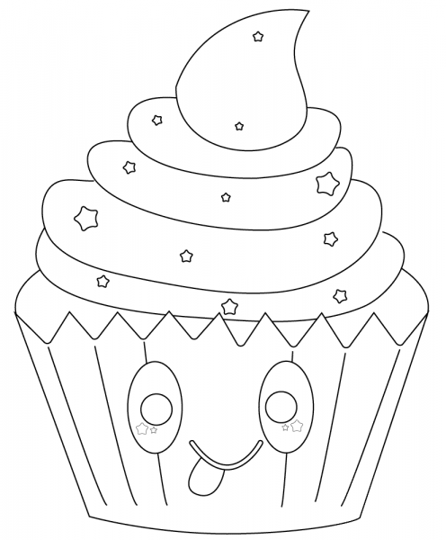 Kawaii Cupcake with Stars coloring page image