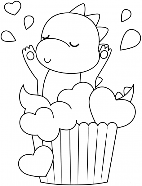 Kawaii Dinosaur in Cupcake coloring page image