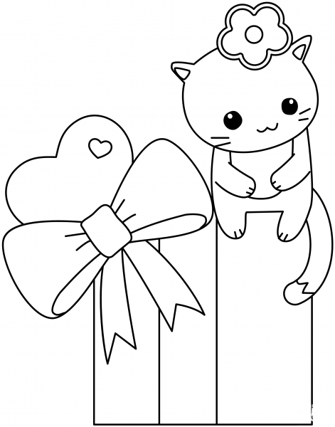 Kawaii Kitty Sitting on Box coloring page image