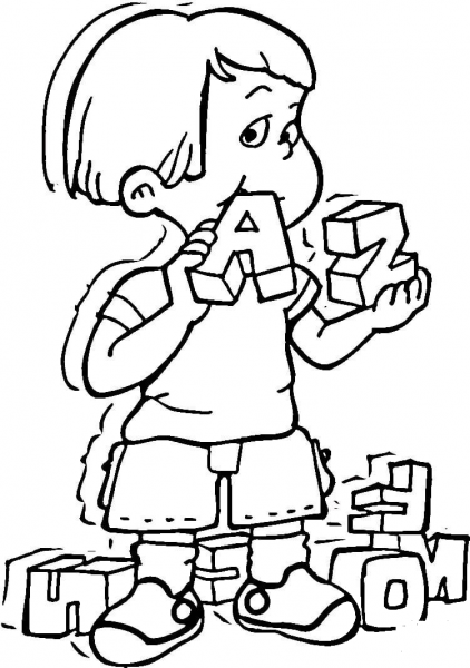 Kid is playing with the alphabet cubes A and Z coloring page image