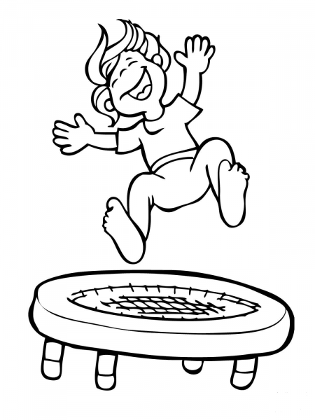 Kid Jumping on the Trampoline coloring page image