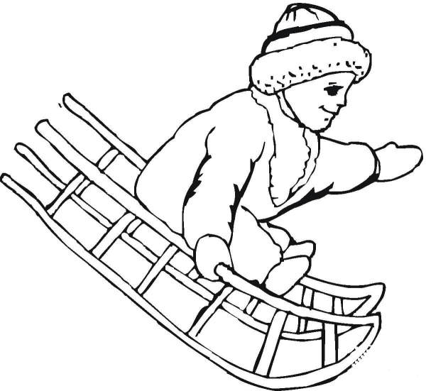 Kid sledding coloring page image