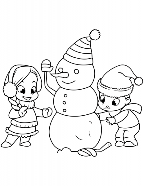 Kids Building a Snowman coloring page image