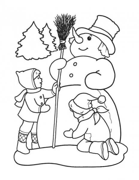 Kids Making Snowman coloring page image