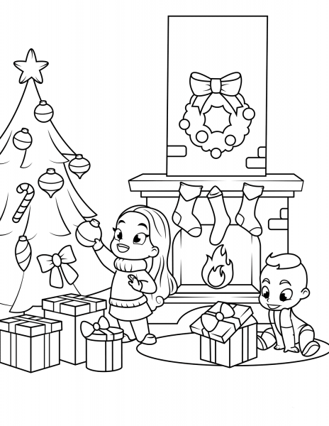 Kids near the Fireplace and Christmas Tree coloring page image