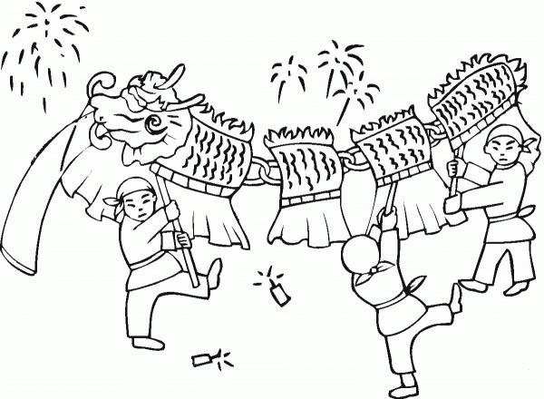 Kids playing Chinese dragon dance coloring page image