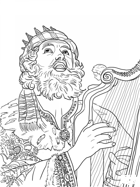 King David Playing the Harp coloring page image