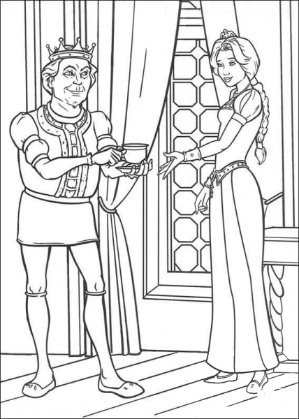 King is giving a cup of tea to Fiona Princess coloring page image