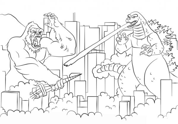 King Kong vs. Godzilla coloring page image