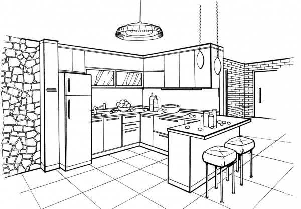Kitchen in Minimalist Style coloring page image